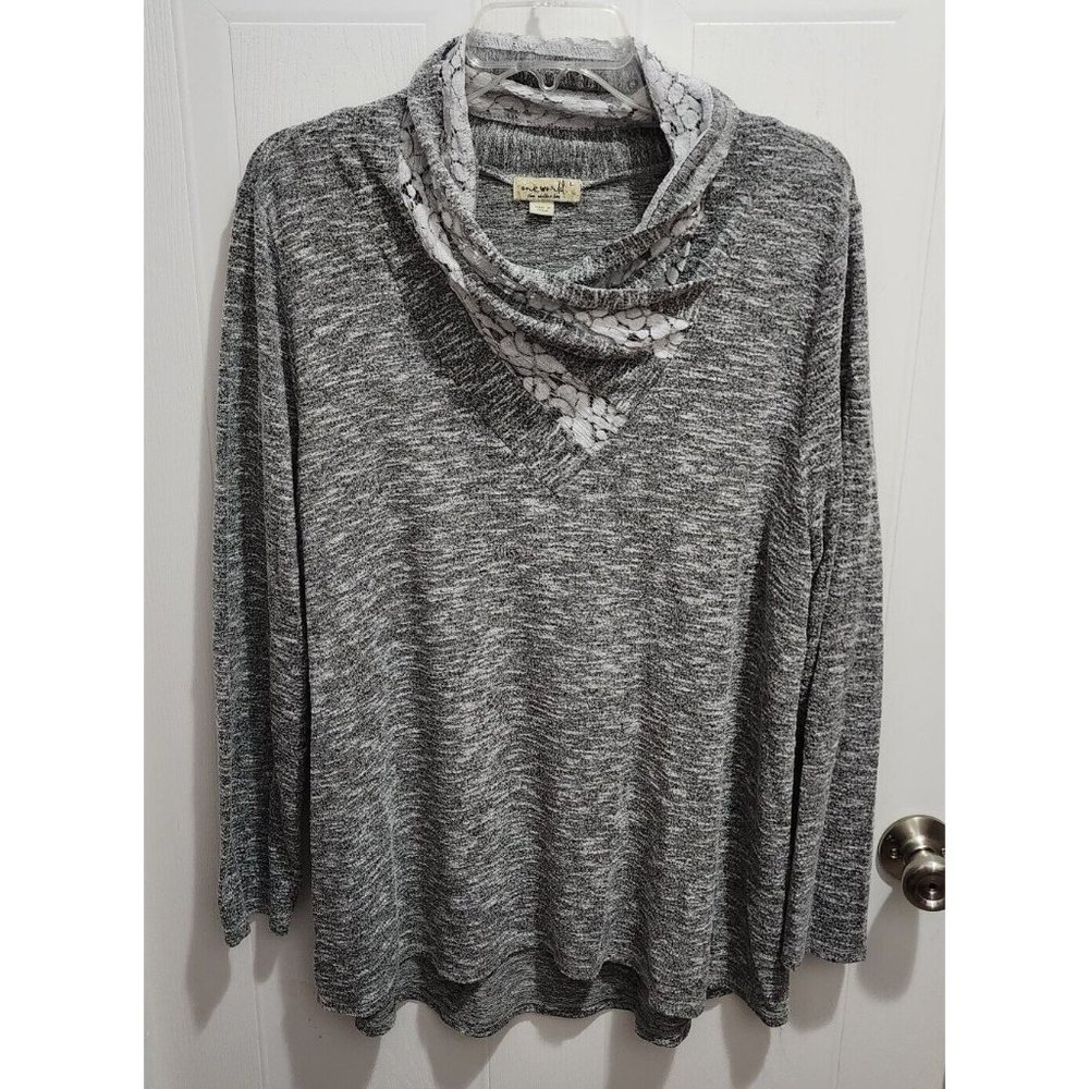 One‎ World Women's Long Sleeve Sweater Knit Pull Over Cowl Neck Lace Accent Sz L